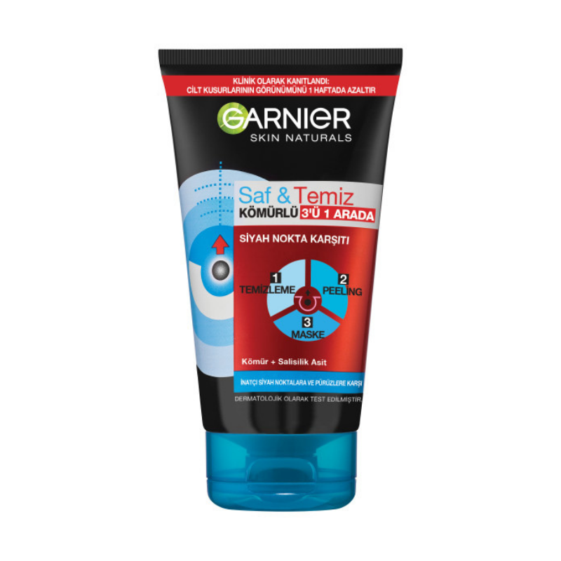 Garnier Saf Temiz Kömürlü 3'ü 1 Arada Siyah Nokta Karşıtı Maske 150 ml - 1