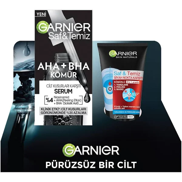 Garnier Saf Temiz Aha+Bha Kömür Cilt Kusurları Karşıtı Serum 30 ml+ Kömürlü 3'ü 1 Arada Siyah Nokta Karşıtı Maske 50 ml - Garnier
