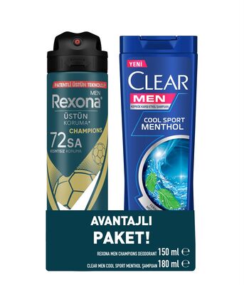 Rexona Men Champions Deodorant 150 ml + Clear Men Cool Sport Menthol Şampuan 180 ml - 1