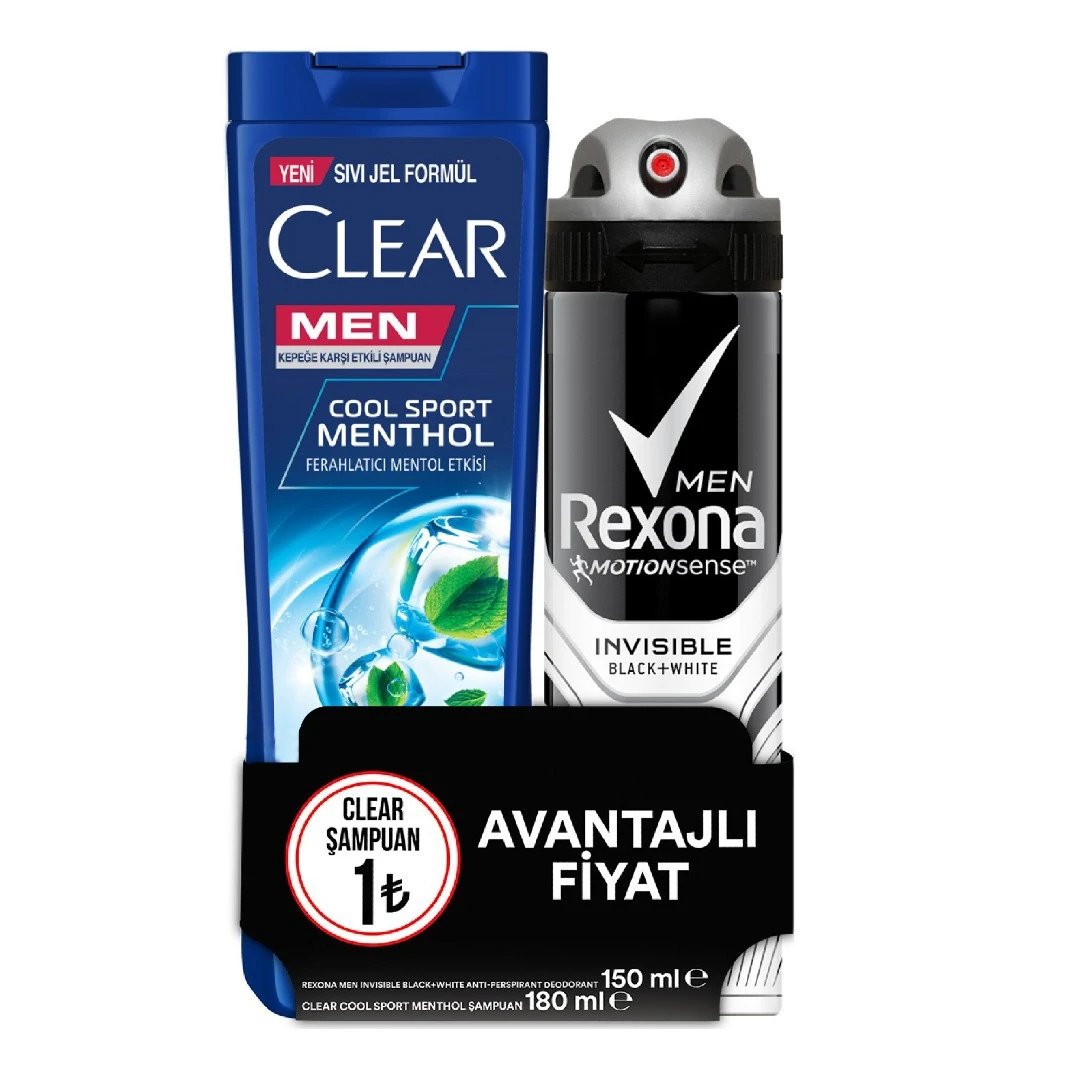 Rexona - Rexona Men Invisible Black White Deodorant 150 ml + Clear Men Cool Sport Menthol Şampuan 180 ml
